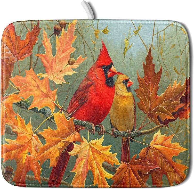 Giwawa Fall Birds Dish Drying Mat 16x18 Inch Autumn Maple Leaf Tree Dish Drainer Mats Thanksgiving Decorative Microfiber Reversible Dish Drying Rack Pad Small for Kitchen Countertop Tabletop - Image 1