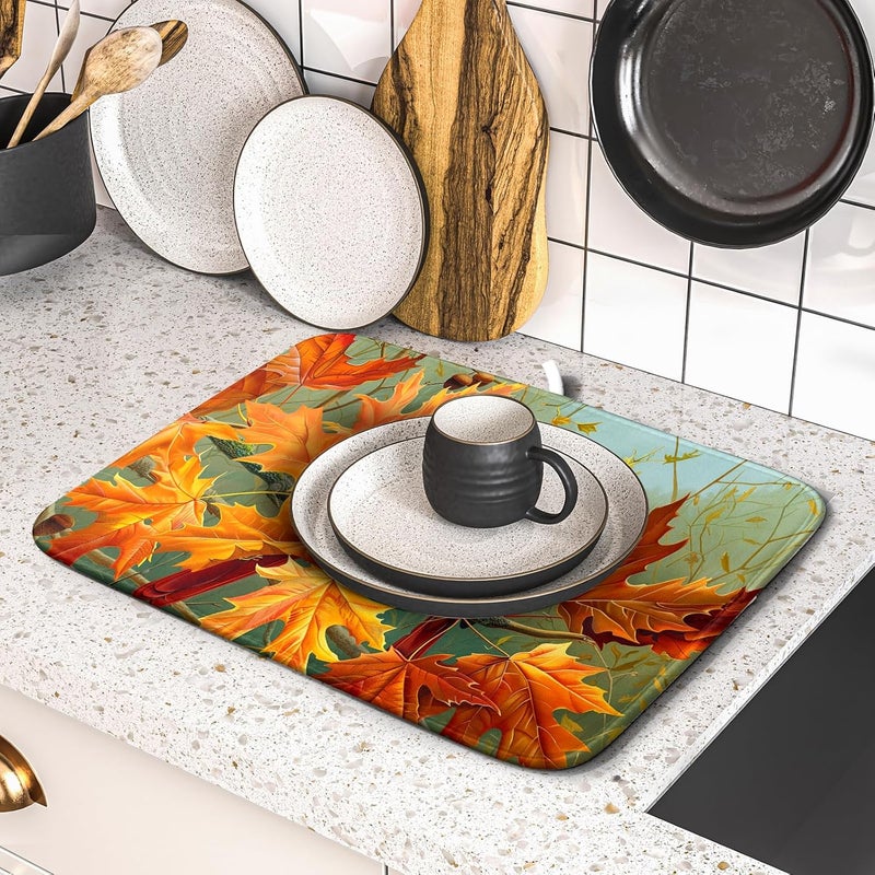 Giwawa Fall Birds Dish Drying Mat 16x18 Inch Autumn Maple Leaf Tree Dish Drainer Mats Thanksgiving Decorative Microfiber Reversible Dish Drying Rack Pad Small for Kitchen Countertop Tabletop - Image 5
