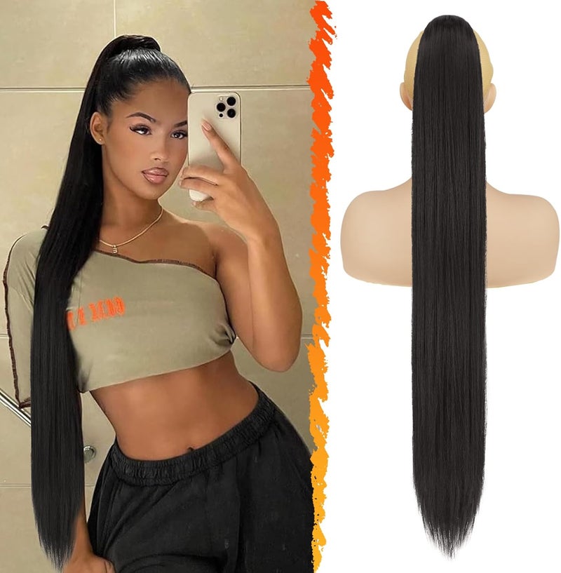 BARSDAR Long Straight Ponytail Extension 34 Inch Drawstring Black Brown Ponytail Hair Extensions Synthetic Fake Pony Tails Hairpieces Clip in Ponytails for Women Girls Daily Black Brown