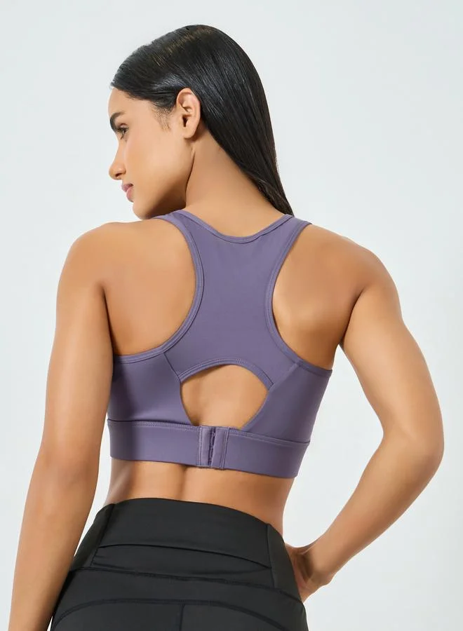 Styli Active  Purple Hook and Eye Back Peep Sports Bra - Medium Support for Women | Best Price UAE