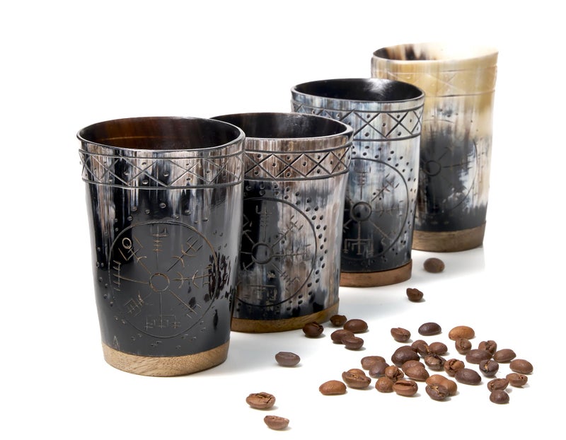 Ox Horn Shot Glass Set of 4 Handcrafted Viking Cups with Unique Engraved Design Cool Norse Horn Shot Glasses for Ancient Age Whiskey Mead Spirits Rustic Gift for Men Barware Collection