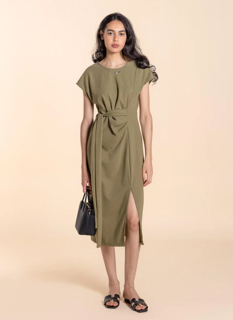 SHAPES COMFORT WASIT-TIE DRESS WITH SLIT