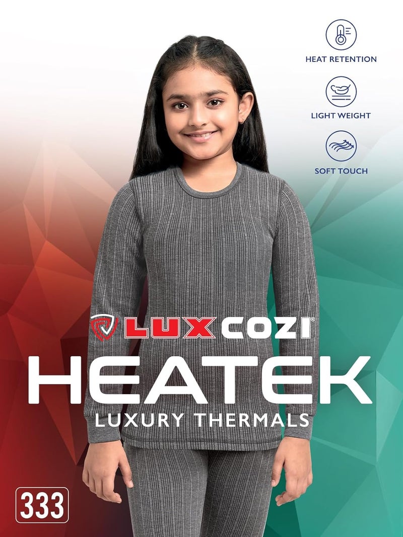 Lux Cozi HEATEK Girl's Charcoal Melange Round Neck Full Sleeves Thermal Top and Bottom Set | Thermal Set for Girls | Style - 333 - Image 4