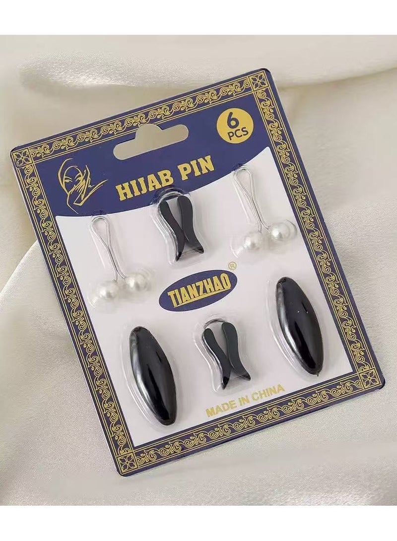 Fashion Hijab Pins,Muslim Women Faux Pearl Scarf Clips Pin-Less Scarf Clips ,Scarf Safety Pins,plastic Hijab U Clips,3 models 6 pcs for Women Muslim Scarf Clothing-black&white - Image 1
