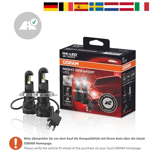 Osram Night Breaker H4 LED; Up to 230 Percent More Brightness, Legal Low and High Beam with Road Legal in Germany and Austria, Black - Image 2
