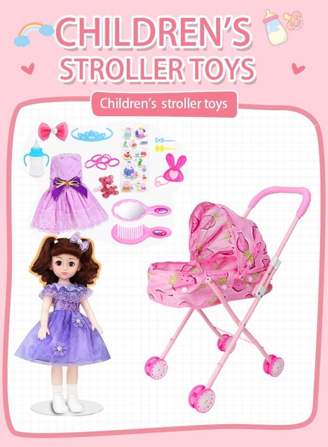 A portable, foldable stroller with an infant doll - suitable for toddlers, available in various colors, and recommended for children over 3 years old.  - Image 1