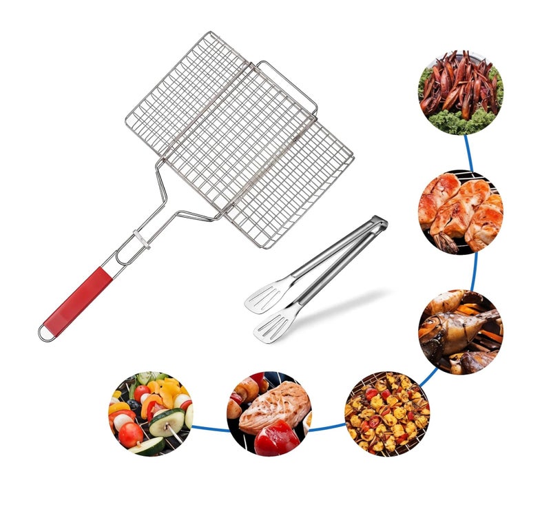 Freshome Portable BBQ Grill Basket Set with 13 Inch Tongs, Steel Construction, Multi-Purpose Grilling Net (Medium) - Image 5