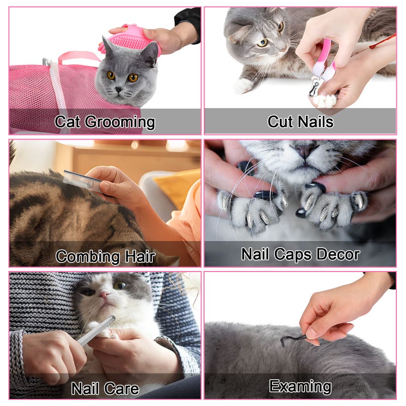 JULMELON Cat Washing Bag 10 PCS Set, Adjustable Cat Shower Net Bag and Pet Grooming Brush with Nail Clipper Nail File Hair Combs Tick Tool Nail Caps for Bathing Nail Trimming Examination(Pink+Grey) - Image 4