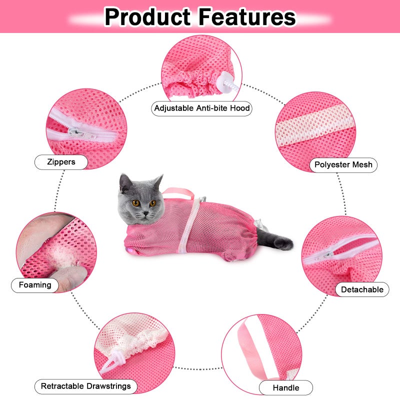 JULMELON Cat Washing Bag 10 PCS Set, Adjustable Cat Shower Net Bag and Pet Grooming Brush with Nail Clipper Nail File Hair Combs Tick Tool Nail Caps for Bathing Nail Trimming Examination(Pink+Grey) - Image 3