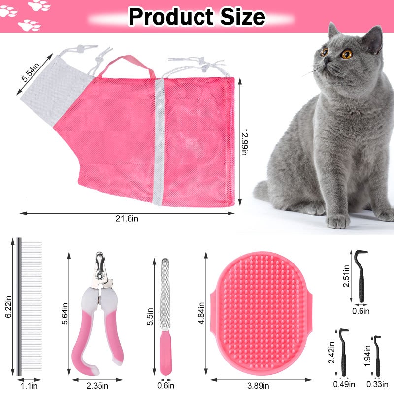 JULMELON Cat Washing Bag 10 PCS Set, Adjustable Cat Shower Net Bag and Pet Grooming Brush with Nail Clipper Nail File Hair Combs Tick Tool Nail Caps for Bathing Nail Trimming Examination(Pink+Grey) - Image 2