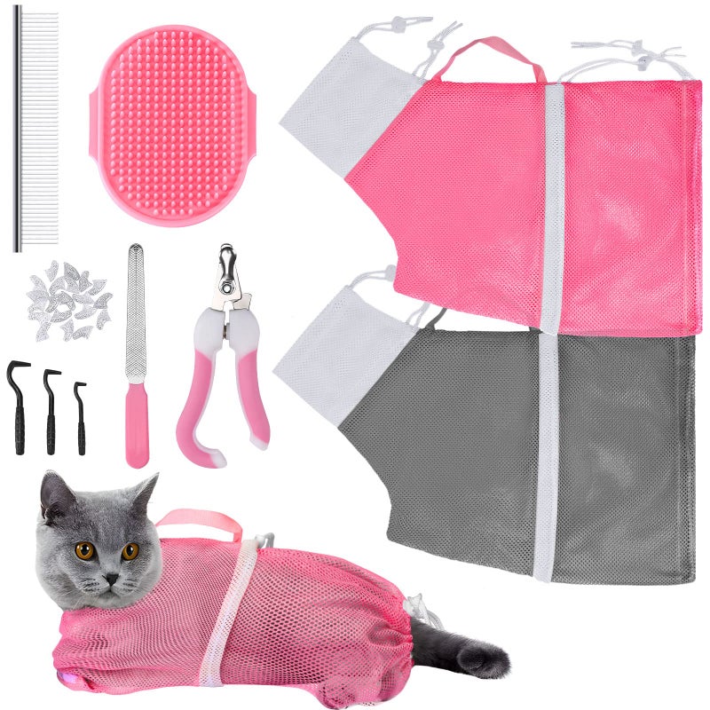 JULMELON Cat Washing Bag 10 PCS Set, Adjustable Cat Shower Net Bag and Pet Grooming Brush with Nail Clipper Nail File Hair Combs Tick Tool Nail Caps for Bathing Nail Trimming Examination(Pink+Grey) - Image 1