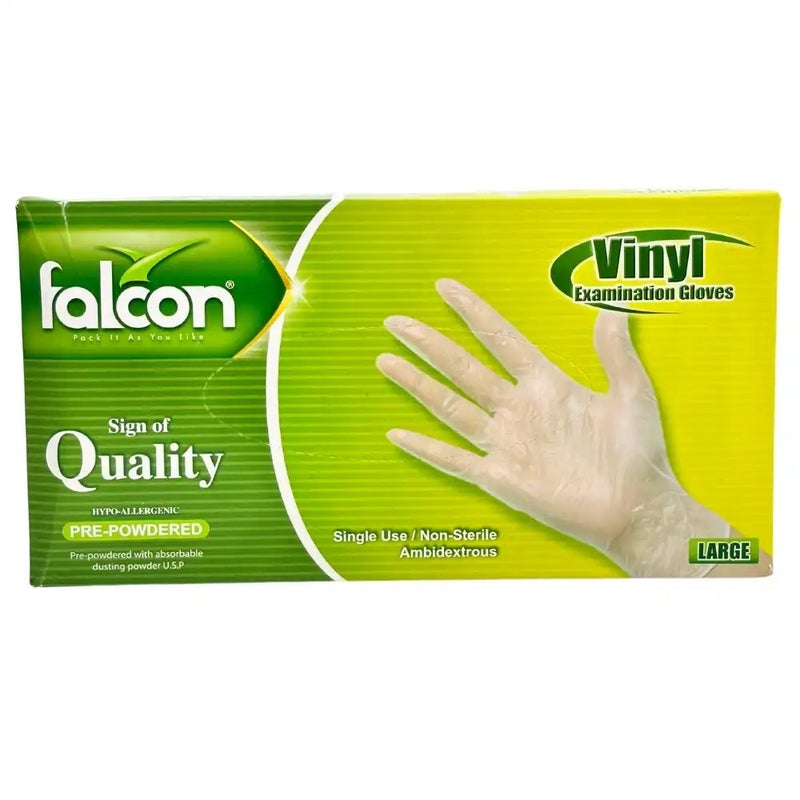 Falcon قفازات فالكون الفينيل - شفافة مسبقة البودرة، 100 قطعة، كبيرة - Image 1