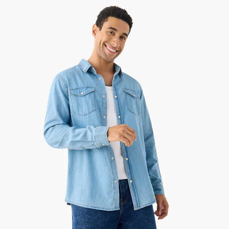Lee Cooper Lee Cooper Regular Fit Denim Shirt with Pockets and Long Sleeves