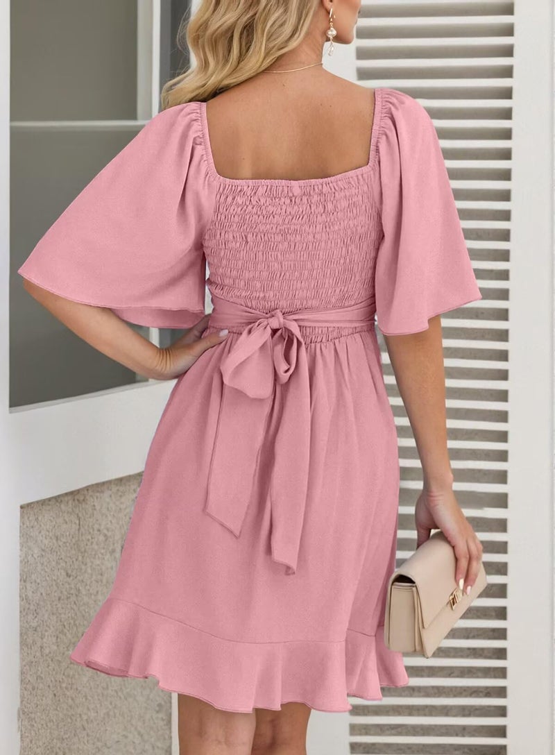 Dokotoo Women's 2026 Summer Dress Wrap V Neck Short Sleeve Smocked Elastic Waist Tiered Belted Ruffle Hem Mini Dress Wrap Dress for Women Pink L - Image 2