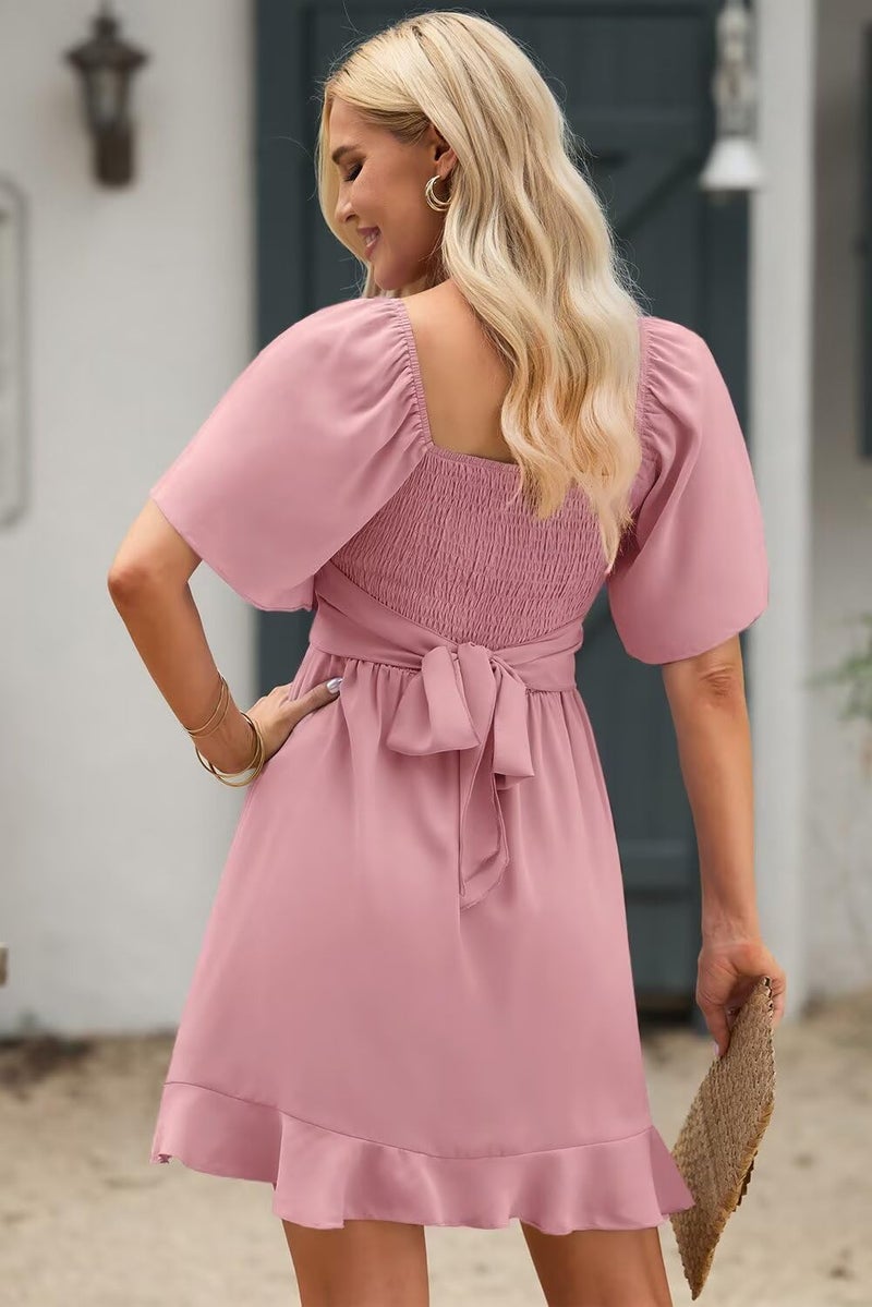 Dokotoo Women's 2026 Summer Dress Wrap V Neck Short Sleeve Smocked Elastic Waist Tiered Belted Ruffle Hem Mini Dress Wrap Dress for Women Pink L - Image 4