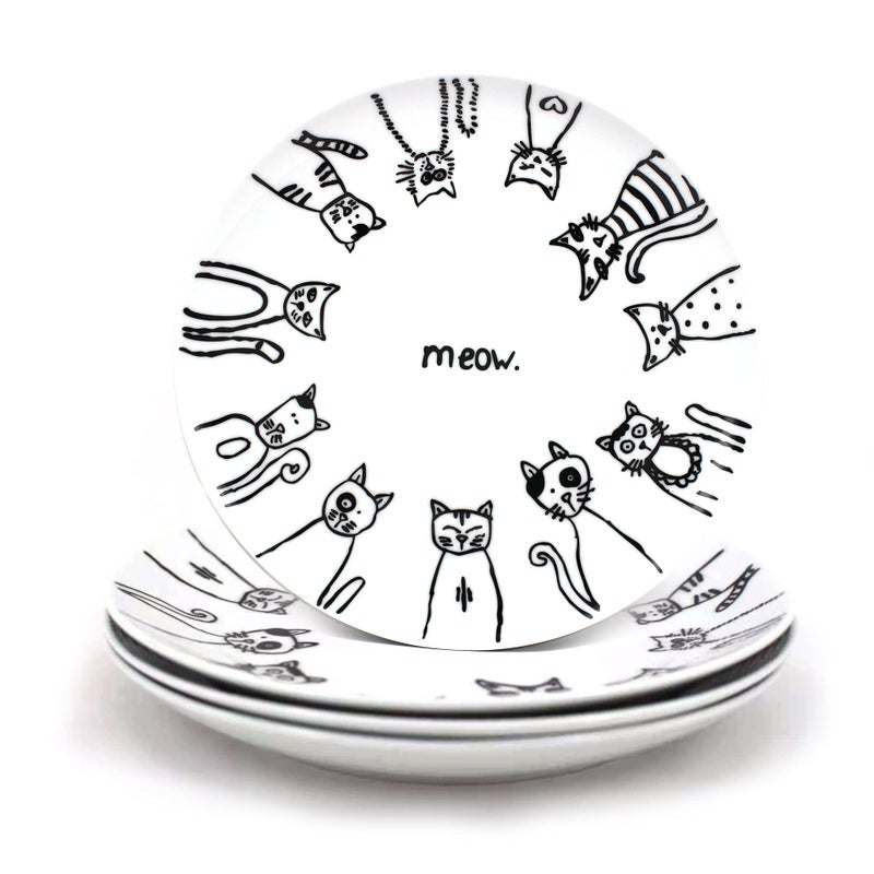 LEADEX LEADEX Cartoon Cat Porcelain 8inch Salad Plate SetDessert Plate SetSet Of 4 