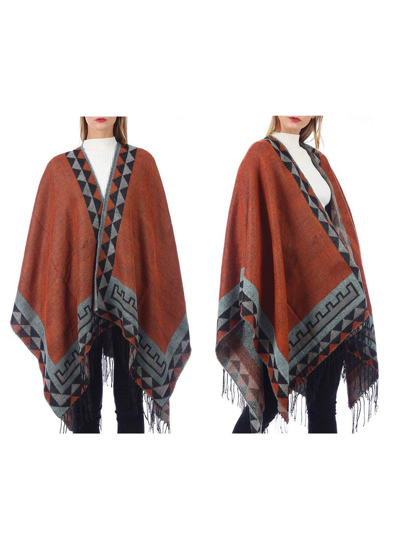 Stylish Warm Color Block Poncho Cape for Women Open Front Winter Cardigan Versatile Printed Shawl Wrap  - Image 2