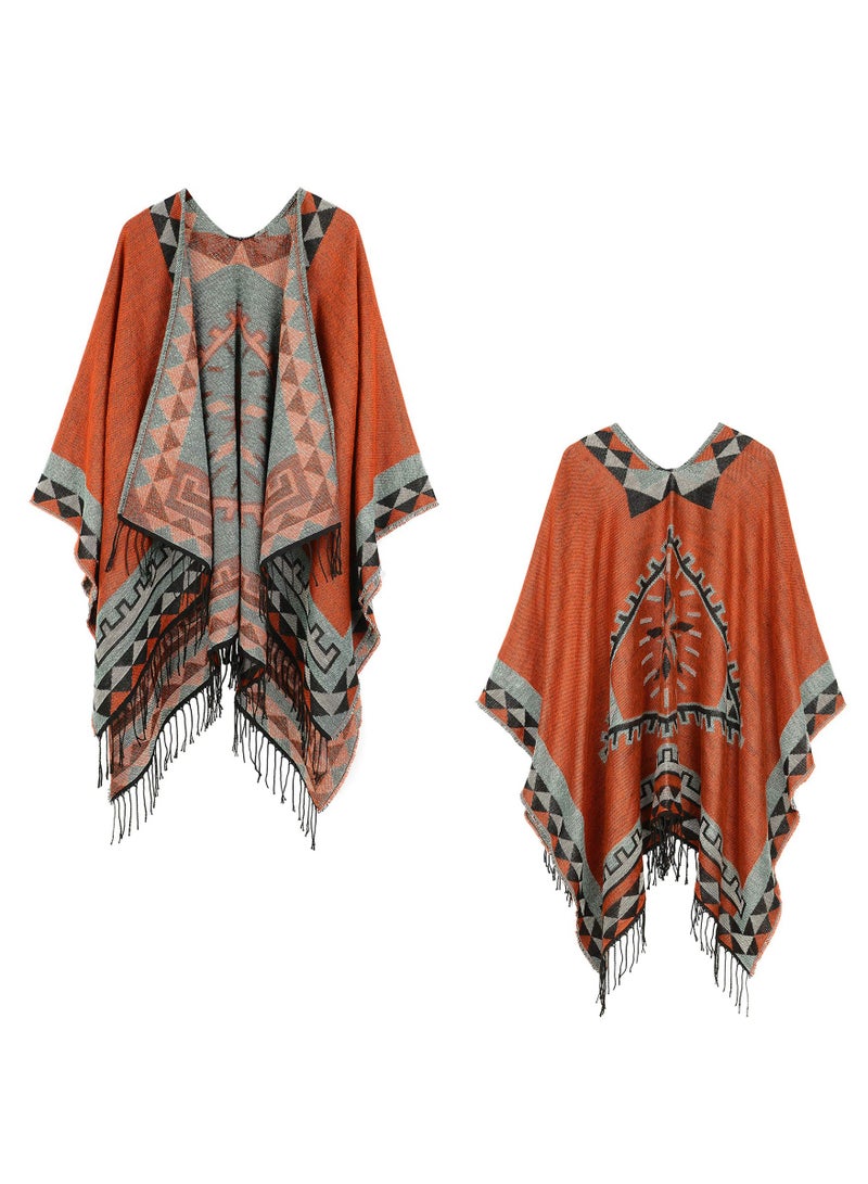 Stylish Warm Color Block Poncho Cape for Women Open Front Winter Cardigan Versatile Printed Shawl Wrap  - Image 1