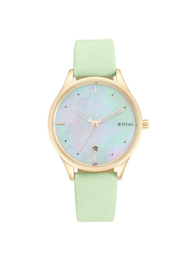TITAN Pastel Dreams Women's Watch 2670WL04 – White Mother of Pearl Dial, Green Leather Strap, Quartz Movement - Image 1