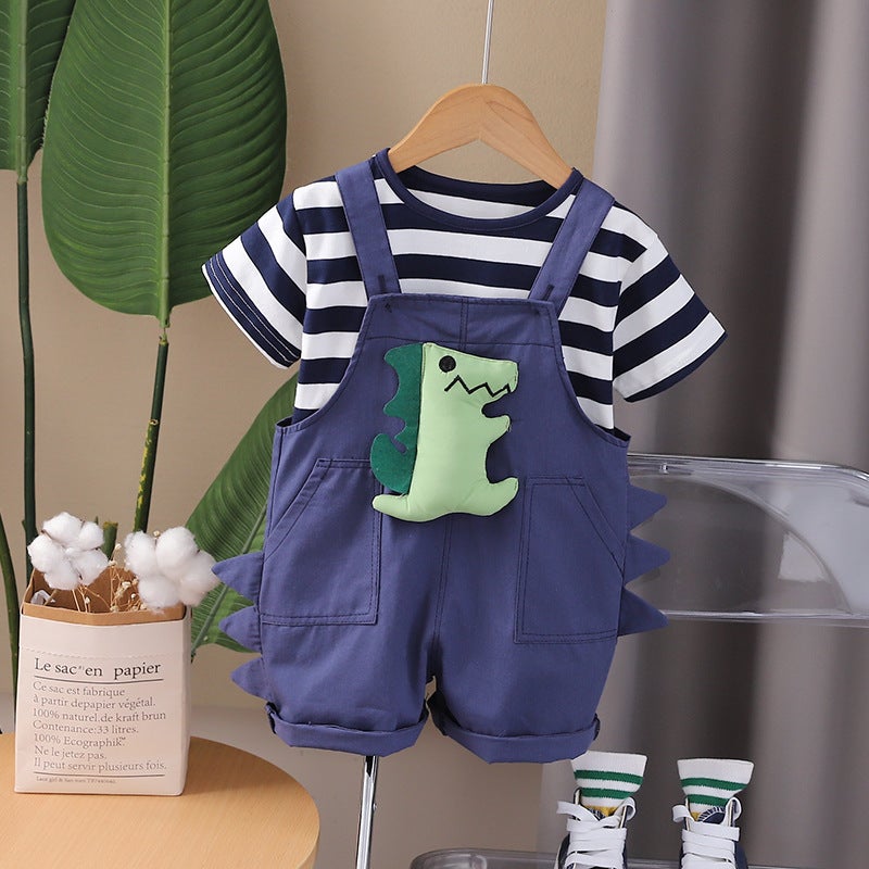 2024 Summer Boys and Girls Baby Striped Strap Short Sleeve Cute Three-dimensional Dinosaur Cartoon Children Summer Two-piece Set Blue 
