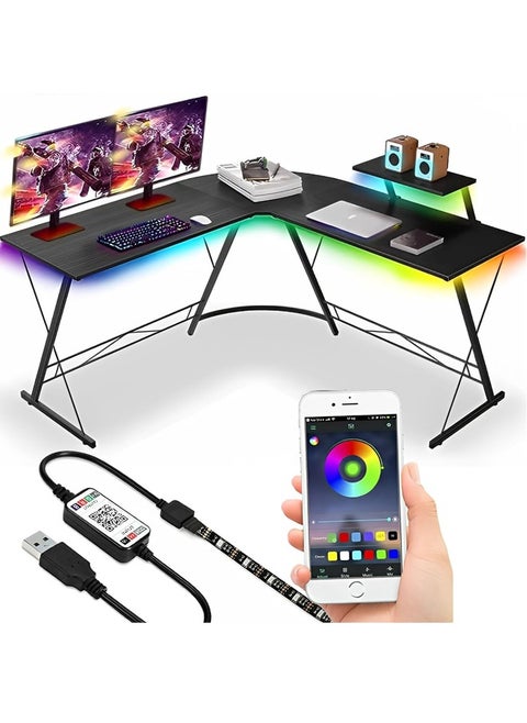 L-Shaped Desk Computer Desk 51inch Computer Corner Table, Home Gaming Desk, Office Writing Workstation with Led Lights & Large Monitor Stand, Space-saving, Easy to Assemble