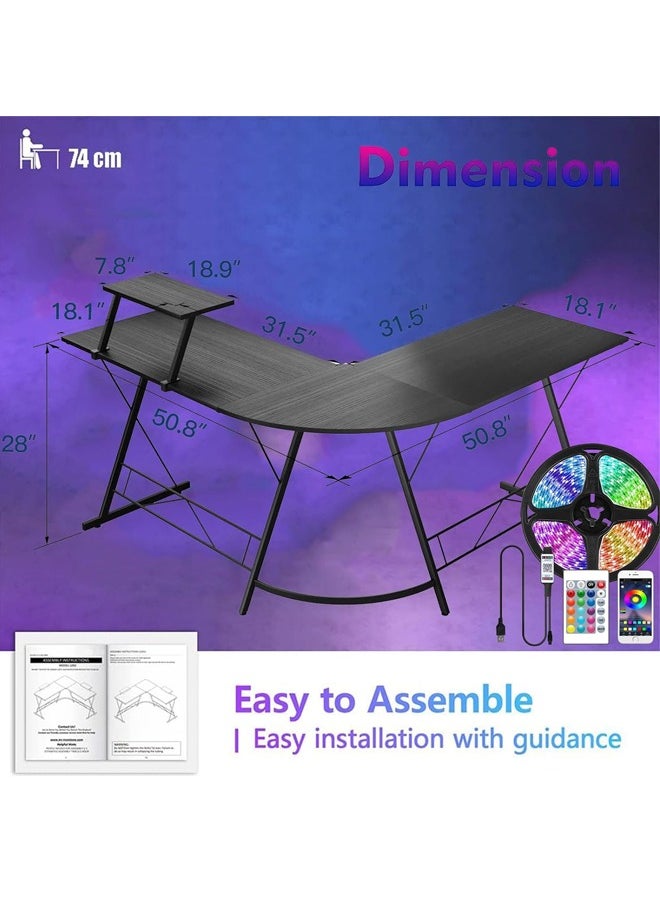 Beauenty - L-Shaped Desk Computer Desk 51inch Computer Corner Table, Home Gaming Desk, Office Writing Workstation with Led Lights & Large Monitor Stand, Space-saving, Easy to Assemble - Image 1