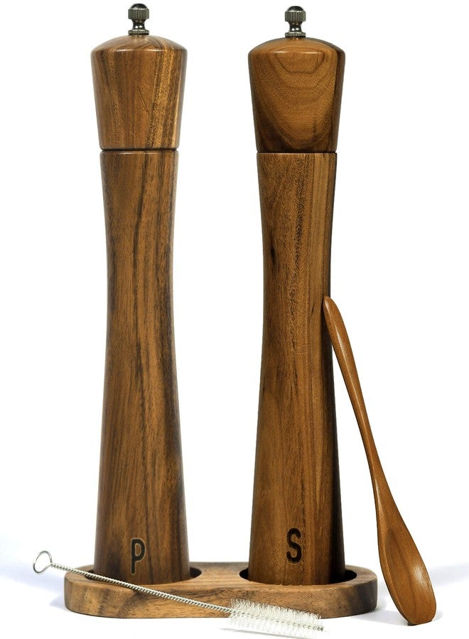 Finnhomy Salt and Pepper Grinder Set, Acacia Wood Adjustable Coarseness Pepper Mill with Wooden Stand, Cleaning Brush & Spoon, Pepper Grinder Refillable, 2 Pack Salt and Pepper Shakers, 8.5 Inches - Image 1