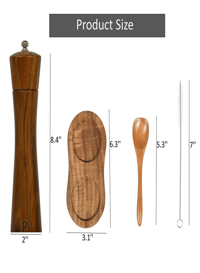 Finnhomy Salt and Pepper Grinder Set, Acacia Wood Adjustable Coarseness Pepper Mill with Wooden Stand, Cleaning Brush & Spoon, Pepper Grinder Refillable, 2 Pack Salt and Pepper Shakers, 8.5 Inches - Image 2