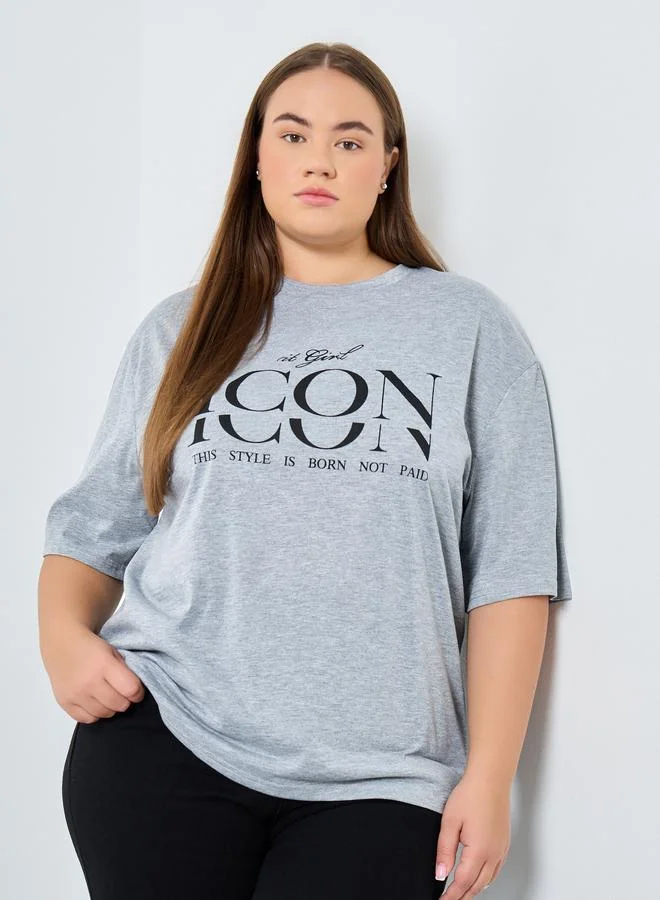 Styli Styli Plus Size Grey Graphic Print T-Shirt