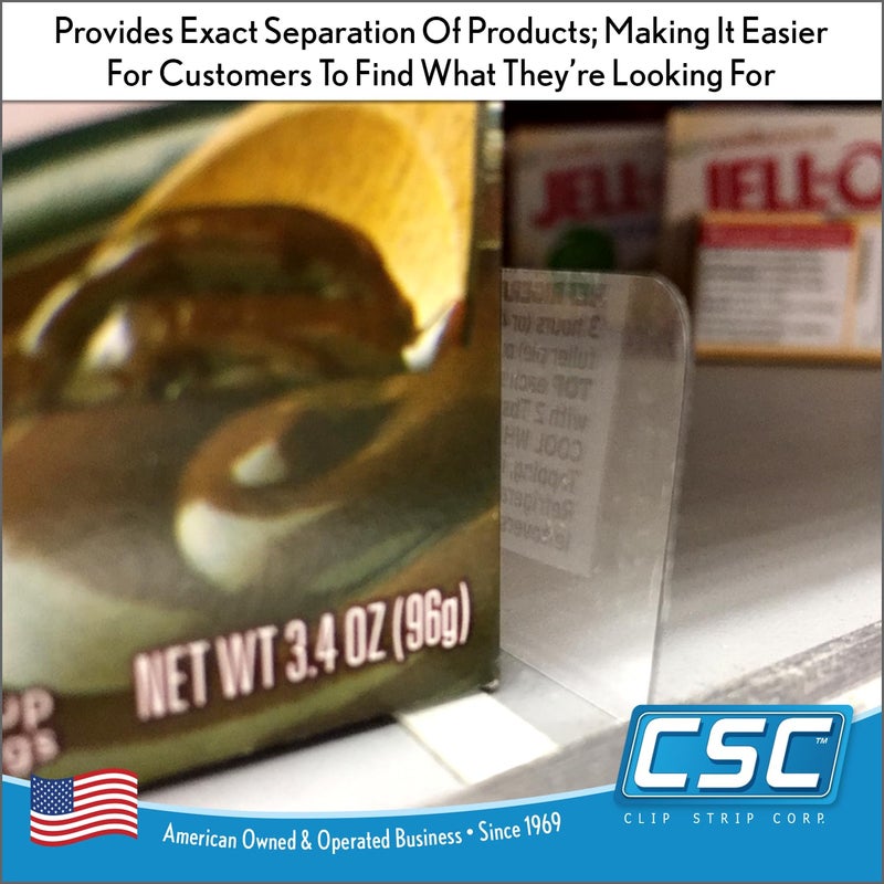 Clip Strip Shelf Dividers Pack of 50 for Retail Stores - Lightweight, Clear Adhesive Mount 1" H x 11-9/16" L Corp., 15 mil Crystal Clear PVC, Retail Shelf Separator, Item SD-1512 - Image 4