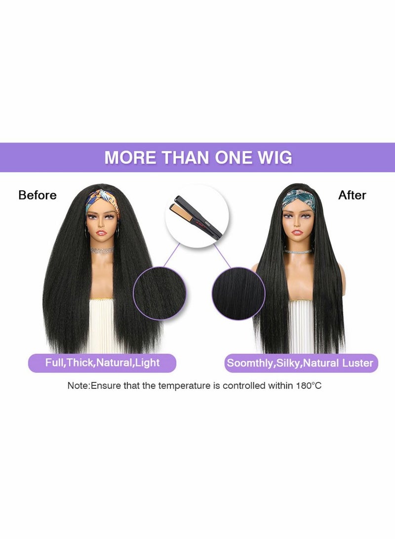 Loquat 26 Inch Curly Straight Hairband, Women Wig Hairband Headband Fashion Long No Glue Heat Resistant Fiber Hair Synthetic Lace Front Afro (Black) - Image 2