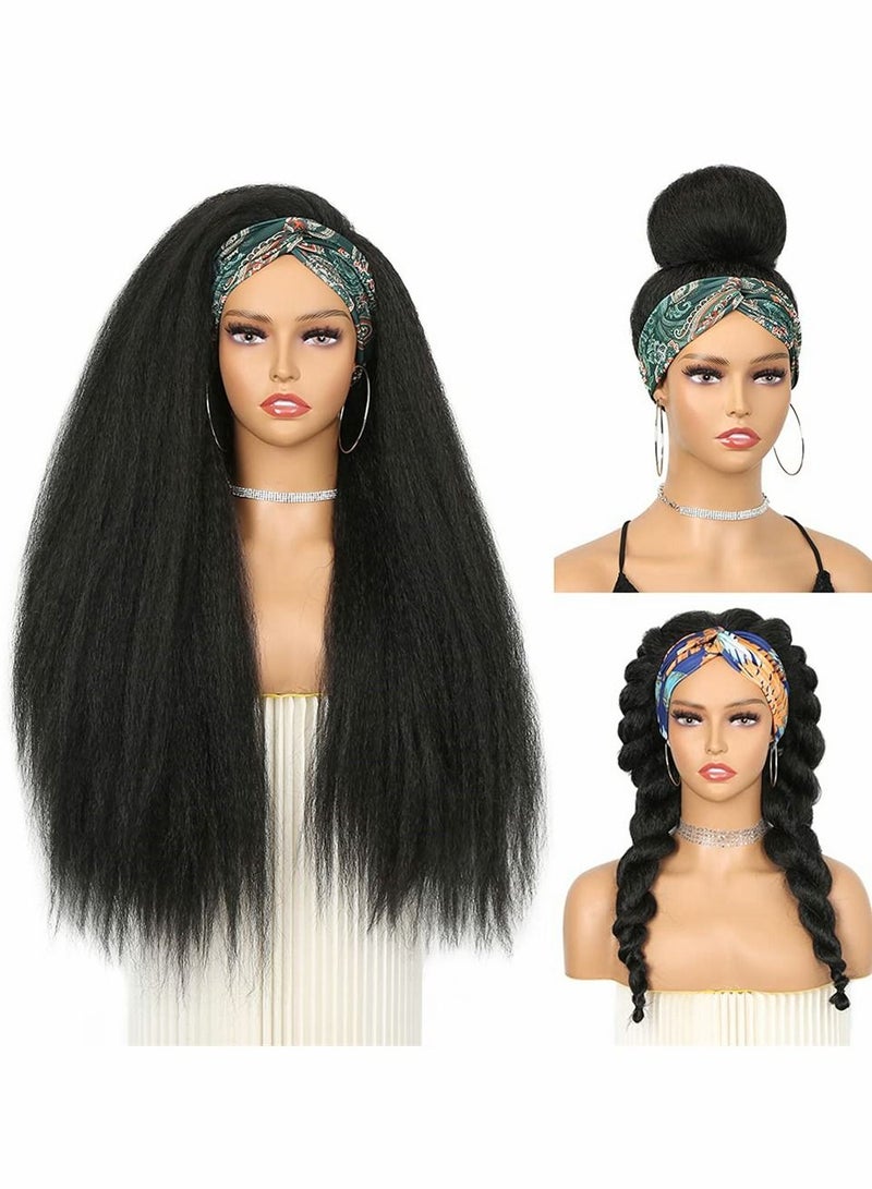 Loquat 26 Inch Curly Straight Hairband, Women Wig Hairband Headband Fashion Long No Glue Heat Resistant Fiber Hair Synthetic Lace Front Afro (Black) - Image 1