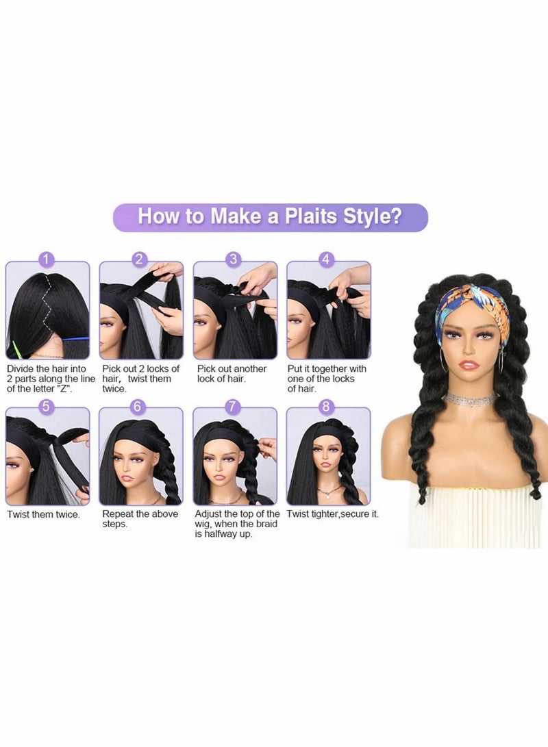 Loquat 26 Inch Curly Straight Hairband, Women Wig Hairband Headband Fashion Long No Glue Heat Resistant Fiber Hair Synthetic Lace Front Afro (Black) - Image 5