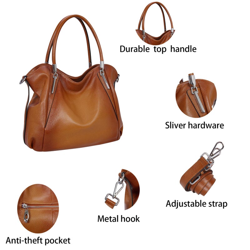 HESHE Genuine Soft Leather Purses for Women Shoulder Handbags Hobo Tote Bags Satchel Purses Crossbody Bags Pocket Travel Bags (Sorrel) - Image 5