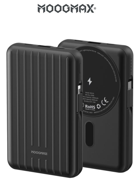 Trunk power bank 10000 mAh. Small magnetic wireless powerbank. magsafe power bank with 3 ports (USB & Type-C PD & Lightning). portable charger with built-in fabric charging cables (Type-C & Lightning for iPhone).wireless power bank fast charging with 15W wireless charging & 22.5W for ports & cables. Black