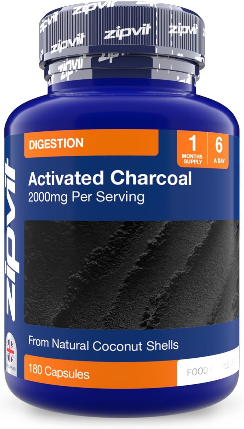 Zipvit Activated Charcoal Capsules 2000mg Charcoal Tablets Alternative Digestion Support Supplement Helps Reduce Excessive Flatulence After Eating 180 Capsules - Image 1