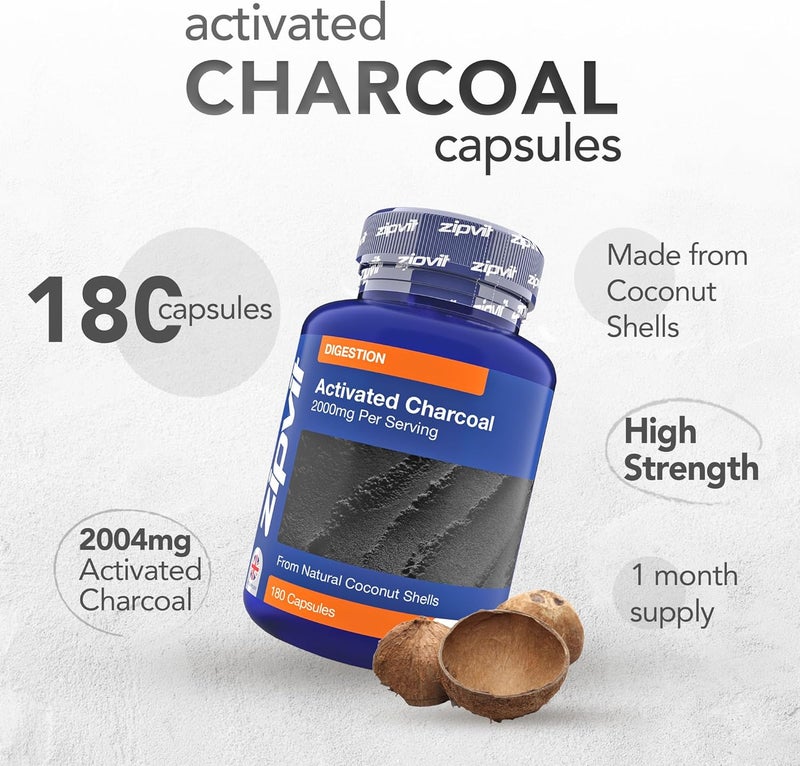 Zipvit Activated Charcoal Capsules 2000mg Charcoal Tablets Alternative Digestion Support Supplement Helps Reduce Excessive Flatulence After Eating 180 Capsules - Image 2