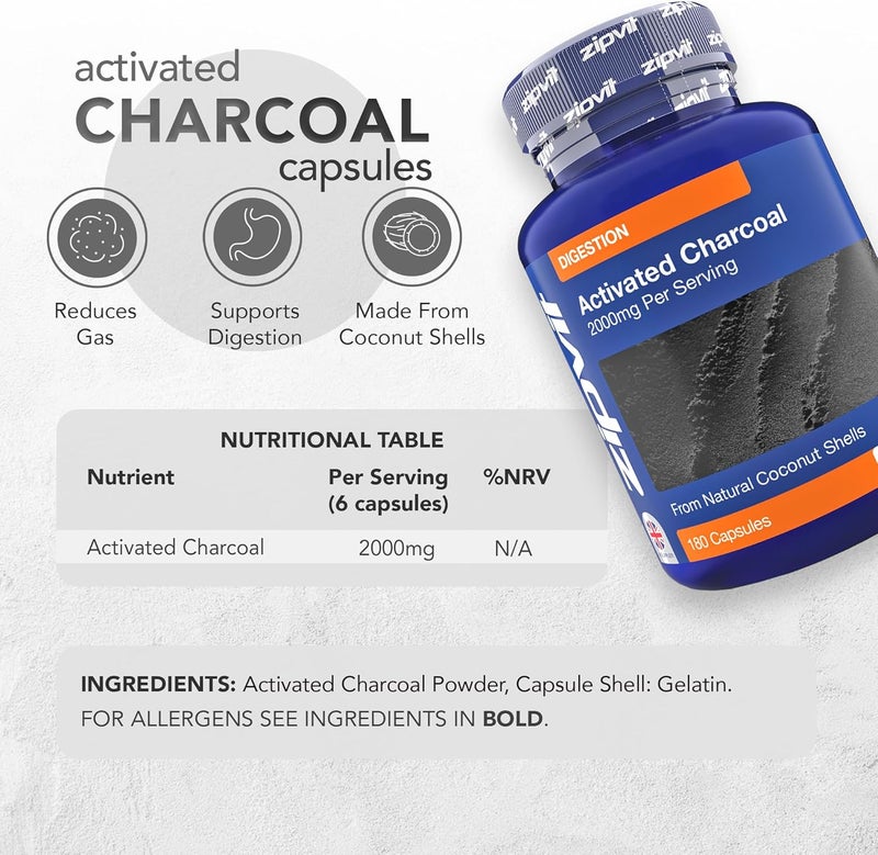 Zipvit Activated Charcoal Capsules 2000mg Charcoal Tablets Alternative Digestion Support Supplement Helps Reduce Excessive Flatulence After Eating 180 Capsules - Image 5