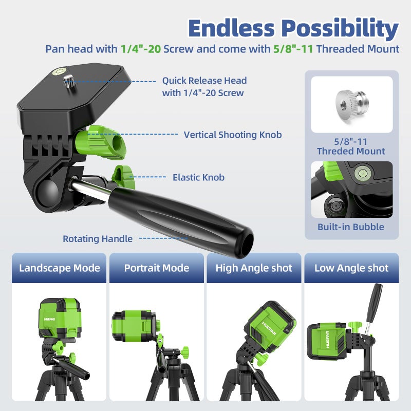 Huepar 60-Inch Lightweight Tripod Portable Adjustable Tripod for Laser Level with 3-Way Swivel Pan Head, 2 Bubble Levels, 1/4" and 5/8" Thread Mount for Varieties Tools, Only for Indoor Basic Work - Image 4