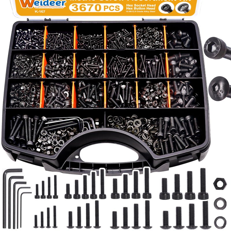 weideer 3670pcs M2 M3 M4 M5 Metric Screw Assortment Kit,Metric Bolt Assortment,12.9 Alloy Steel Hex Socket Head 10.9 Alloy Steel Hex Button Head Machine Screws Nuts Washers with Wrench - Image 1