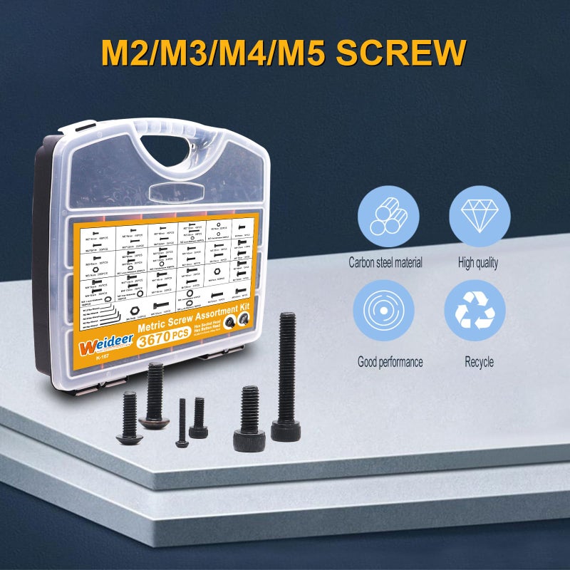 weideer 3670pcs M2 M3 M4 M5 Metric Screw Assortment Kit,Metric Bolt Assortment,12.9 Alloy Steel Hex Socket Head 10.9 Alloy Steel Hex Button Head Machine Screws Nuts Washers with Wrench - Image 3