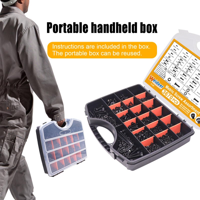 weideer 3670pcs M2 M3 M4 M5 Metric Screw Assortment Kit,Metric Bolt Assortment,12.9 Alloy Steel Hex Socket Head 10.9 Alloy Steel Hex Button Head Machine Screws Nuts Washers with Wrench - Image 2