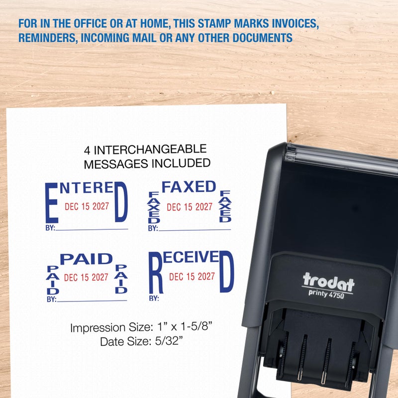 Trodat Printy 4750 Self Inking Date Stamp with Phrases Received, Paid, Entered, FAXED – Blue and Red Ink, 1" x 1-5/8" - Image 2