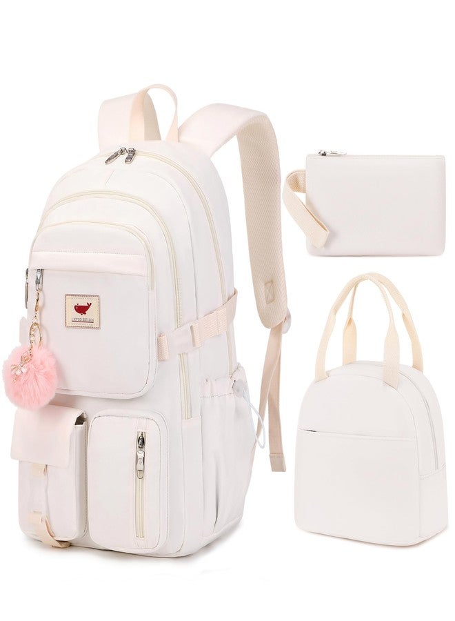 LXYGD 3 PCS Laptop Backpack 15.6 Inch School Bag College Backpacks with Lunch Box Pencil Pouch Set Travel Bookbags for Teens Girls, Off-white, Modern - Image 1