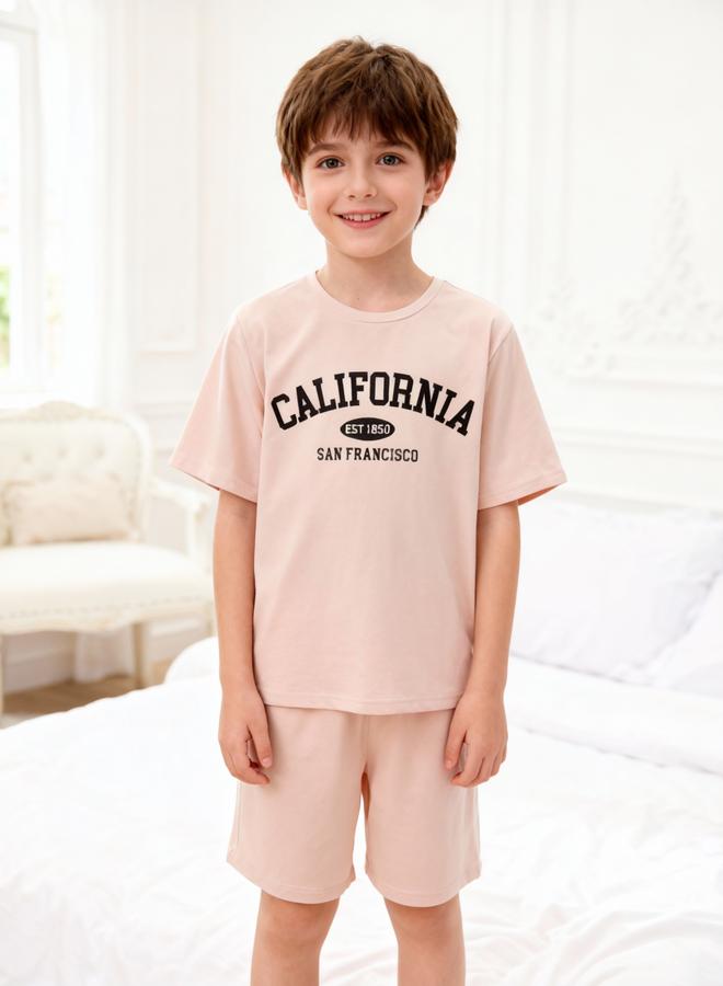 Take Two Boys Beige California Print T-Shirt And Shorts Pyjama Set - Image 1