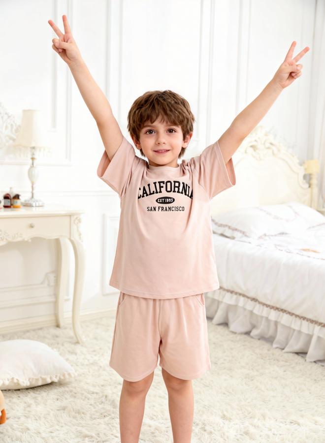 Take Two Boys Beige California Print T-Shirt And Shorts Pyjama Set - Image 2