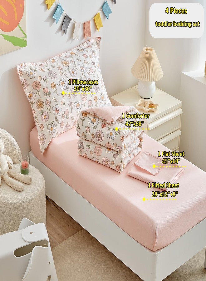 DuShow Floral 4 Piece Girls Toddler Bed Comforter Set Pink Flower Reversible Toddler Bedding Set Soft Baby Crib Bed Sheets Set in a Bag | Include Quilt Comforter,Flat Sheet,Fitted Sheet,Pillowcase - Image 5