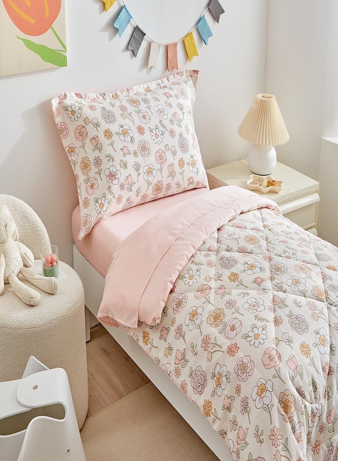 DuShow Floral 4 Piece Girls Toddler Bed Comforter Set Pink Flower Reversible Toddler Bedding Set Soft Baby Crib Bed Sheets Set in a Bag | Include Quilt Comforter,Flat Sheet,Fitted Sheet,Pillowcase - Image 2