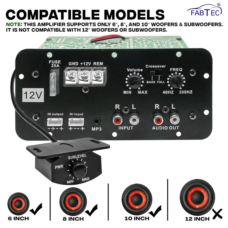 FABTEC مضخم صوت سيارة 120 واط | مضخم أحادي القناة من الفئة AB مع تحكم في صوت السبووفر | مجموعة صوت ستيريو 12 فولت مع جهاز تحكم عن بعد للتحكم في مستوى الصوت - Image 2