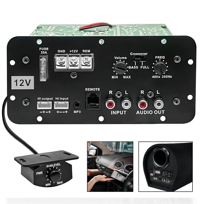FABTEC مضخم صوت سيارة 120 واط | مضخم أحادي القناة من الفئة AB مع تحكم في صوت السبووفر | مجموعة صوت ستيريو 12 فولت مع جهاز تحكم عن بعد للتحكم في مستوى الصوت - Image 1